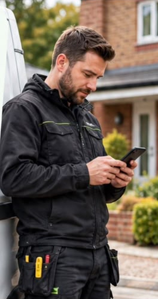 Gas engineer checking GASpilot on his phone outside a customer's house