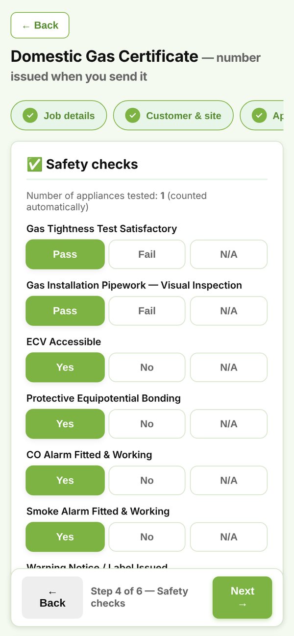 Safety checks step of a domestic gas certificate in the GASpilot app