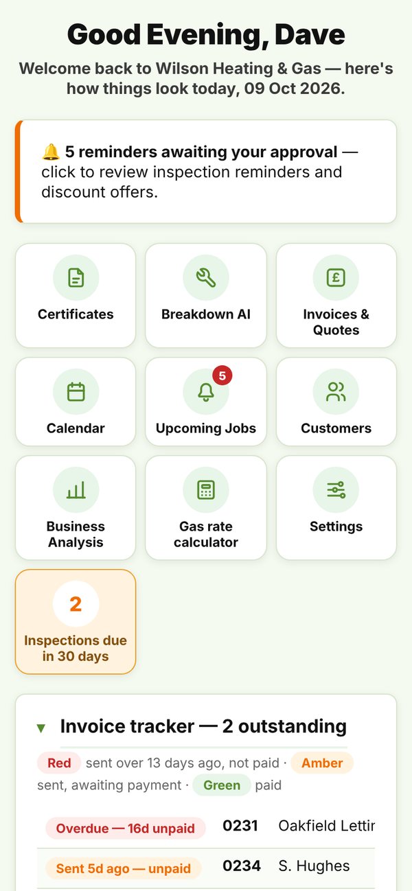 GASpilot dashboard with job tiles and the invoice tracker