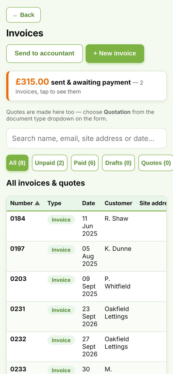 GASpilot invoices list showing £315 sent and awaiting payment