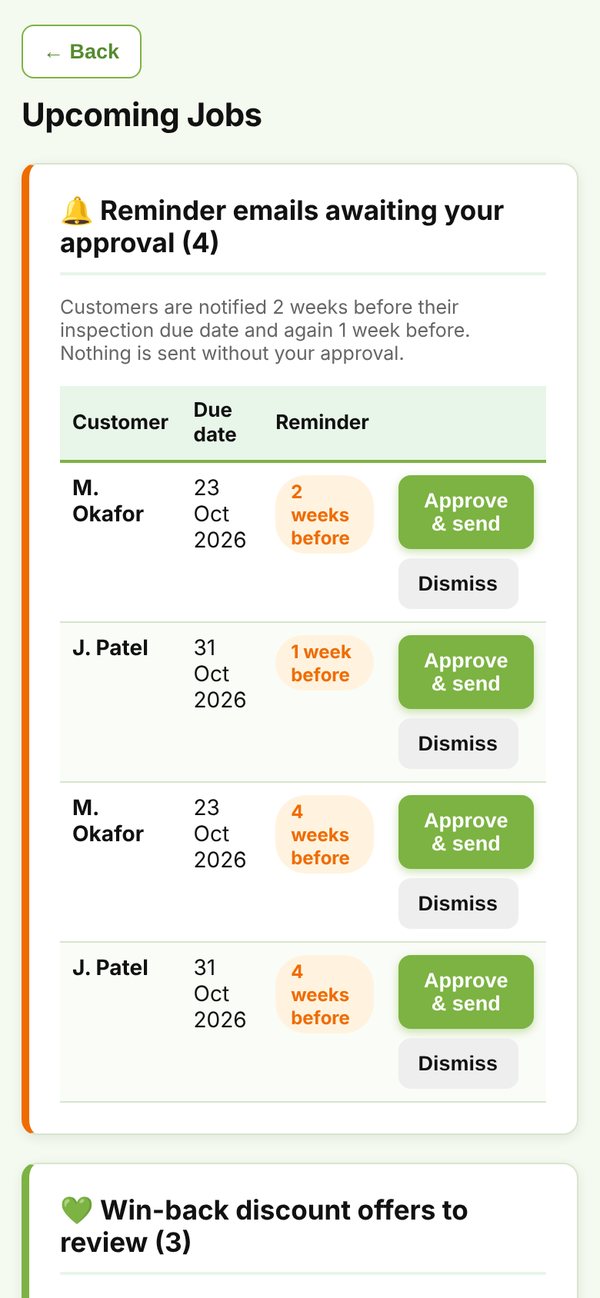 GASpilot upcoming jobs with inspection reminders waiting for approval